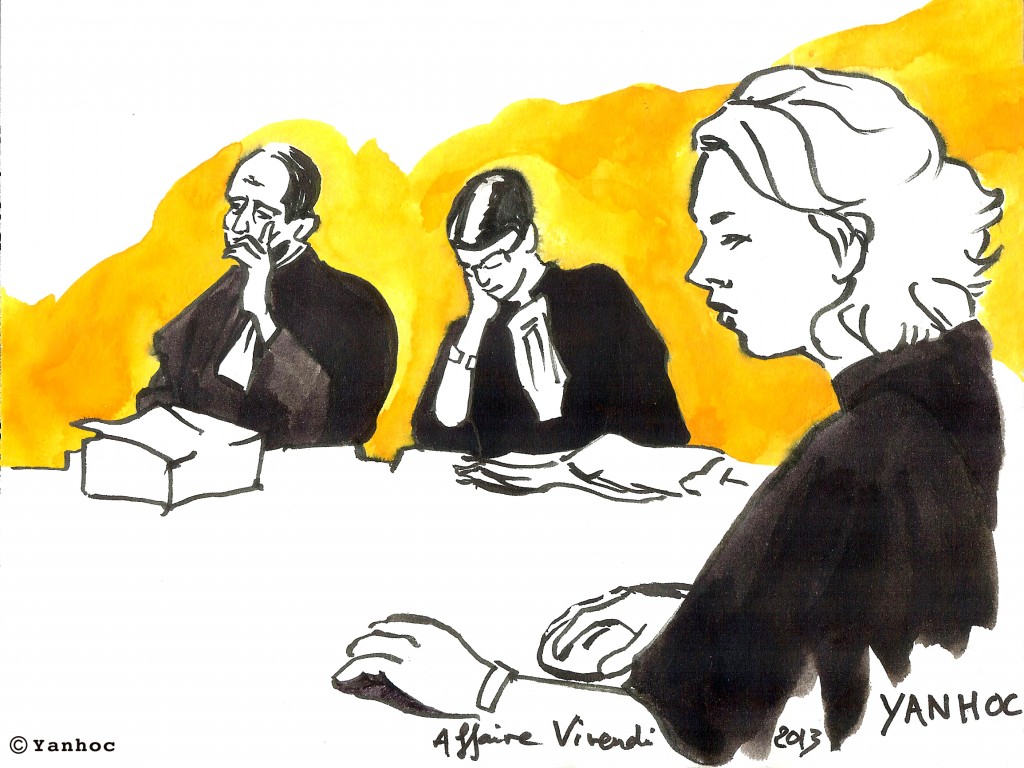 Un conseiller, la présidente Mireille Filippini et la greffière de la Cour, lors du procès en appel des ex-dirigeants de Vivendi. Dessin ©Yanhoc