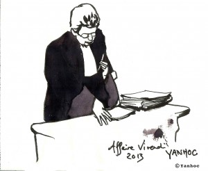 L’avocate générale lors d’une audience à la 5ème chambre correctionnelle de la Cour d’appel de Paris qui rejuge l’affaire Vivendi. Dessin ©Yanhoc