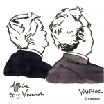 Jean-Marie Messier, ex-PDG de Vivendi, et Guillaume Hannezo, ex-directeur financier, devant la Cour d'appel, en novembre 2013. Dessin ©Yanhoc